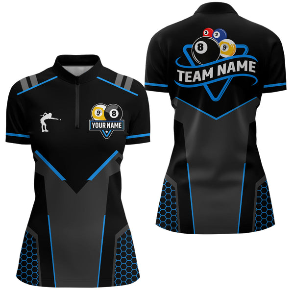 Maxcorners Personalized 8 Ball & 9 Ball Pool Billiard Polo, 1/4 Zip For Men And Women Custom Team Billiard Jerseys |Blue