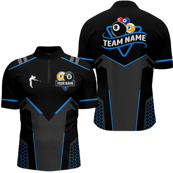 Maxcorners Personalized 8 Ball & 9 Ball Pool Billiard Polo, 1/4 Zip For Men And Women Custom Team Billiard Jerseys |Blue
