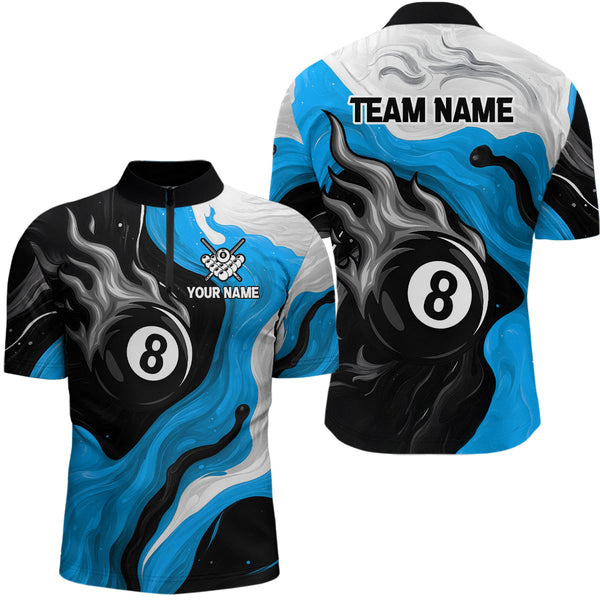 Maxcorners Personalized Black, Blue And White 8 Ball Flame Billiard Shirt For Men Custom Pool Team Jerseys T LM2206