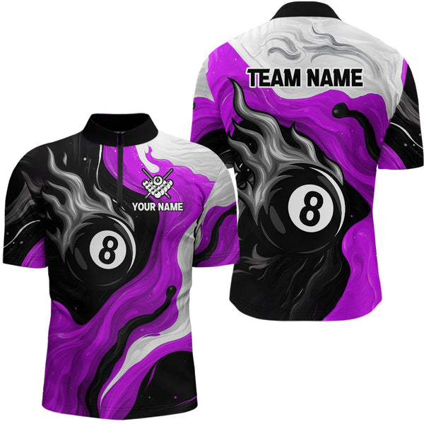 Maxcorners Personalized Black, Purple And White 8 Ball Flame Billiard Shirt For Men Custom Pool Team Jerseys LM2206