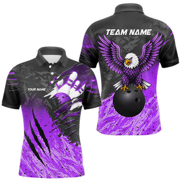 Maxcorners Personalized Eagle Bowling Shirt For Men Custom Black And Purple Bowling Team Jersey Polo, 1/4 Zip