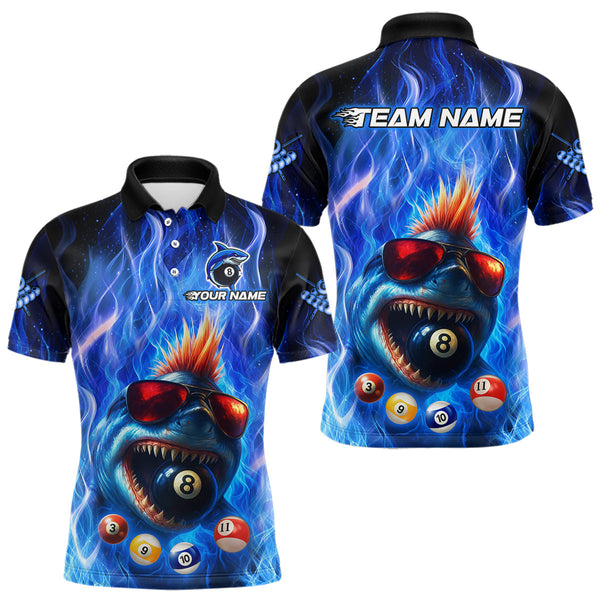 Maxcorners Personalized Blue Funny Shark Flame Men's Billiards Shirts Custom 8 Ball Billiard Team Jersey MT0811