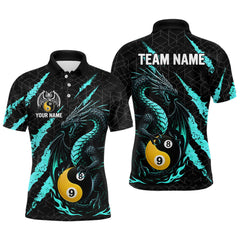 Maxcorners Custom Black Turquoise Yin Yang 8 Ball & 9 Ball Dragon Billiard Shirts For Men |Pool Team Jerseys MT1007