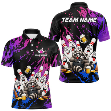 Maxcorners Custom Blue Purple Funny Drunk Raccoon Bowling Shirt For Men Personalized Beer Bowling Team Jersey LM1508
