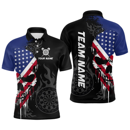 Maxcorners Grunge American Flag Skull Darts Shirt For Men Custom Patriotic Darts Team Jerseys Polo & 1/4 Zip LM2206