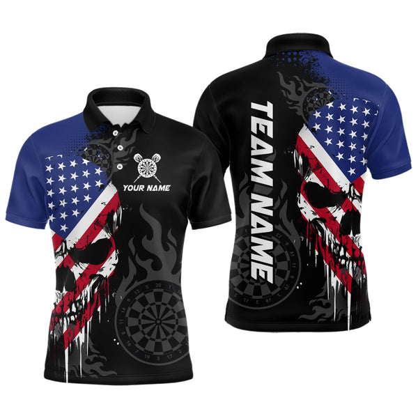 Maxcorners Grunge American Flag Skull Darts Shirt For Men Custom Patriotic Darts Team Jerseys Polo & 1/4 Zip LM2206