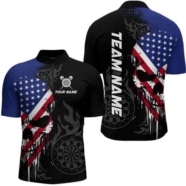 Maxcorners Grunge American Flag Skull Darts Shirt For Men Custom Patriotic Darts Team Jerseys Polo & 1/4 Zip LM2206