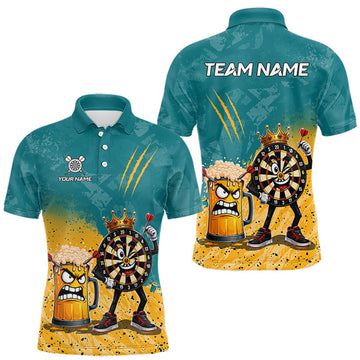 Maxcorners Personalized Teal And Yellow Funny Crown Dartboard Beer Darts Shirt For Men, Darts Team Jersey LM1307