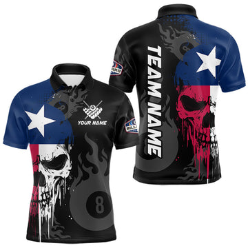 Maxcorners Grunge Texas Flag Skull 8 Ball Pool Custom Men Billiard Shirts, Patriotic Billiard Team Jerseys