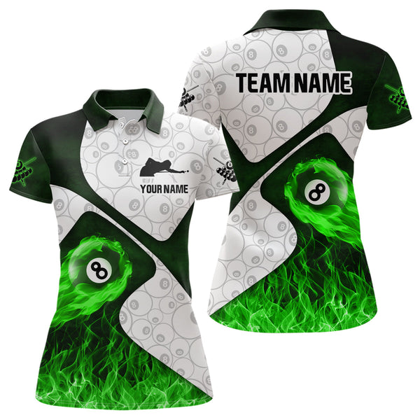 Maxcorners Green Fire Flame 8 Ball Pool Pattern Billiard Jersey Customized Name, Team Name 3D Shirt Unisex