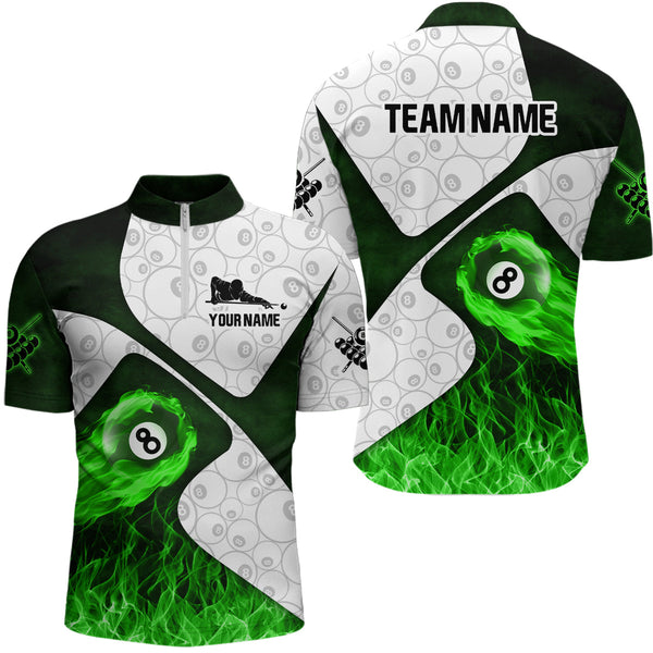 Maxcorners Green Fire Flame 8 Ball Pool Pattern Billiard Jersey Customized Name, Team Name 3D Shirt Unisex