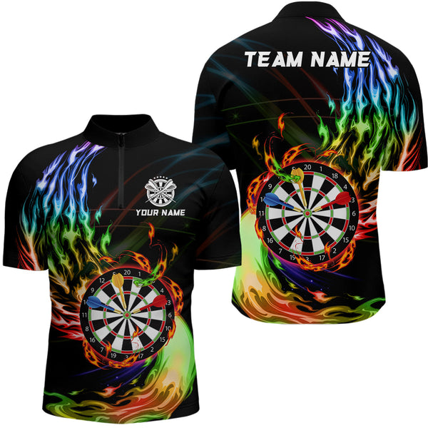 Maxcorners Rainbow Fire Flame Dartboard Darts Polo & Quarter Zip Custom Dart Shirts For Men Dart Jerseys