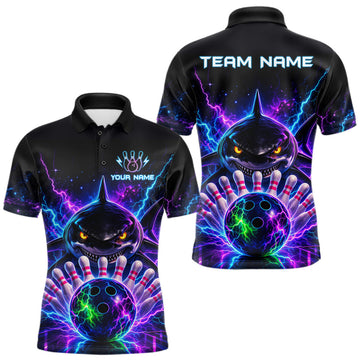 Maxcorners Neon Funny Shark Bowling Jersey Polo & 1/4 Zip For Men Custom Bowling Team Jersey, Bowling Uniform LM1705