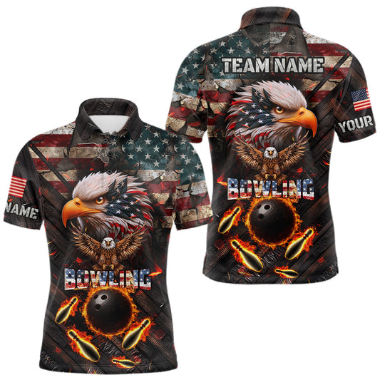Maxcorners Vintage American Flag Bowling Shirt For Men Custom Eagle Bowling Team Jersey Polo & 1/4 Zip