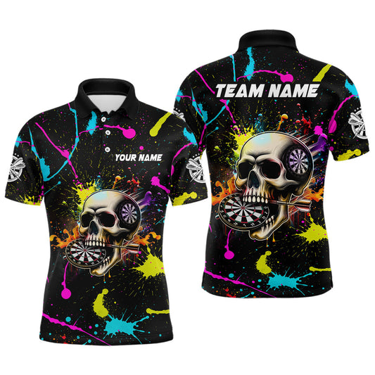 Maxcorners Personalized Funny Skull Colorful Paint Dart Shirt For Men Custom Darts Team Jersey Polo & 1/4 Zip LM2206