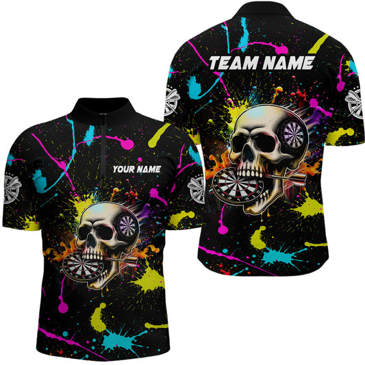 Maxcorners Personalized Funny Skull Colorful Paint Dart Shirt For Men Custom Darts Team Jersey Polo & 1/4 Zip LM2206