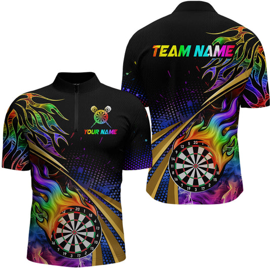Maxcorners Personalized Colorful Flame Darts Shirt For Men Custom Darts League Team Jerseys Polo & 1/4 Zip LM2206