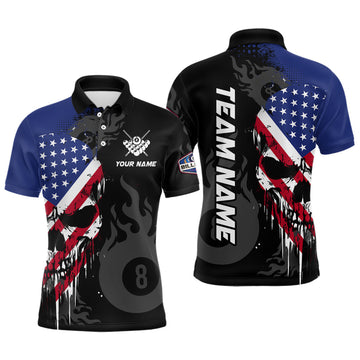 Maxcorners Grunge American Flag Skull 8 Ball Pool Custom Men Billiard Shirts, Patriotic Billiard Team Jerseys