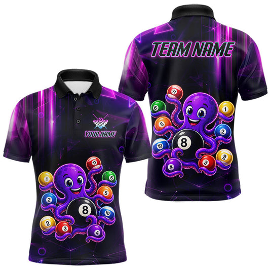 Maxcorners Purple Funny Neon Octopus 8 Ball Pool Billiard Shirts For Men Custom Billiard League Team Jersey