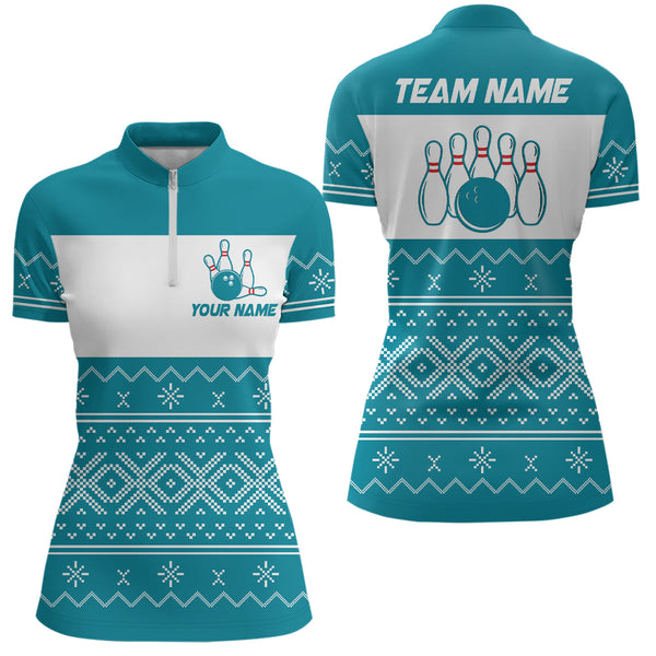 Maxcorners Ugly Christmas pattern bowling shirts for women Custom Xmas Team Bowling Jerseys | Cyan Blue