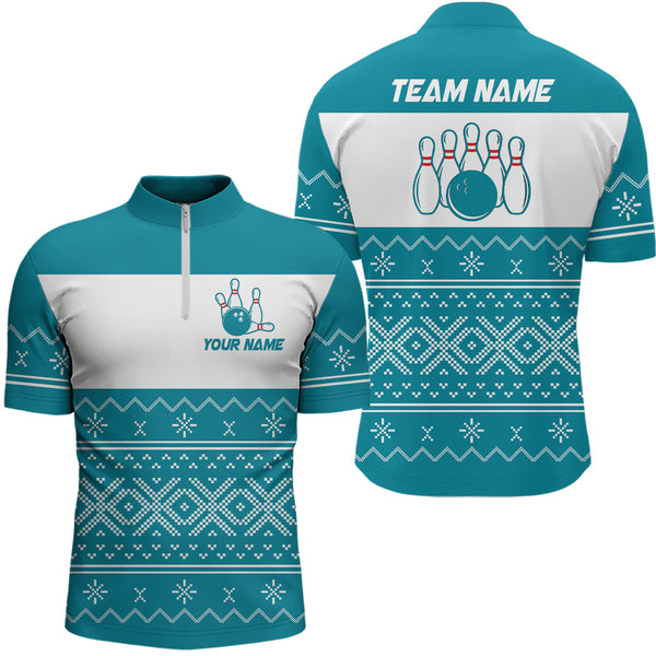 Maxcorners Ugly Christmas pattern bowling shirts for Men Custom Xmas Team Bowling Jerseys | Cyan Blue