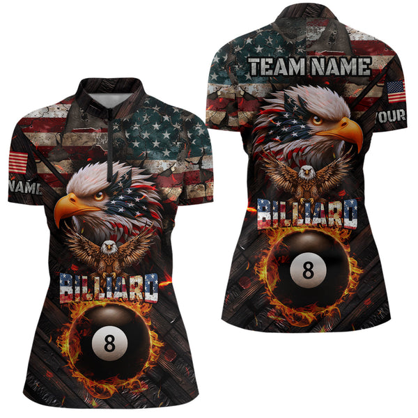 Maxcorners American Flag 8 Ball Pool Fire Custom Eagle Billiard Shirts For Men, Patriotic Billiard Team Jersey