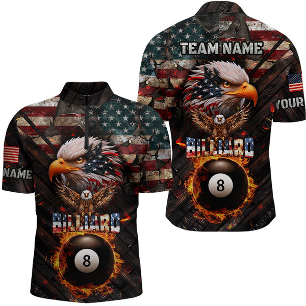 Maxcorners American Flag 8 Ball Pool Fire Custom Eagle Billiard Shirts For Men, Patriotic Billiard Team Jersey