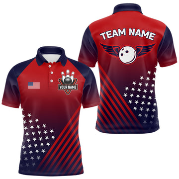 Maxcorners American Flag Bowling Jersey For Men Custom Patriotic Bowling Shirt Team Polo & 1/4 Zip |Red LM2602