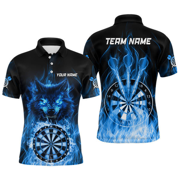 Maxcorners Custom Wolf Dart Shirts– Fire Flame Dartboard Darts Team Jerseys Polo & Quarter Zip |Blue