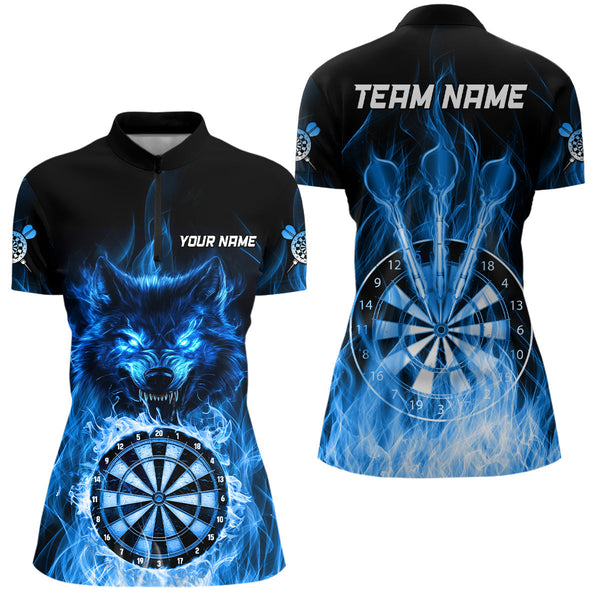 Maxcorners Custom Wolf Dart Shirts– Fire Flame Dartboard Darts Team Jerseys Polo & Quarter Zip |Blue