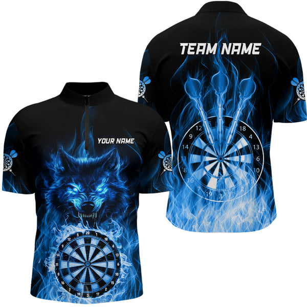 Maxcorners Custom Wolf Dart Shirts– Fire Flame Dartboard Darts Team Jerseys Polo & Quarter Zip |Blue