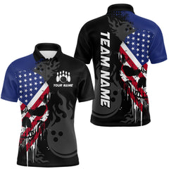 Maxcorners Custom Grunge American Flag Skull Bowling Shirt For Men, Patriotic Bowling Jersey Polo & 1/4 Zip LM1708