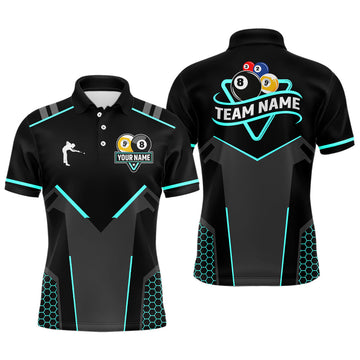 Maxcorners Personalized 8 Ball & 9 Ball Pool Billiard Polo, 1/4 Zip For Men Custom Billiard Jersey|Turquoise