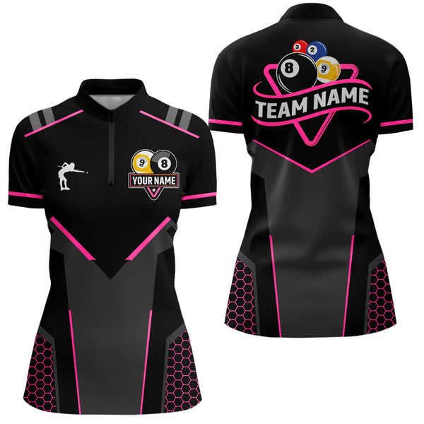 Maxcorners Personalized 8 Ball & 9 Ball Pool Billiard Polo, 1/4 Zip Custom Team Billiard Jersey|Pink