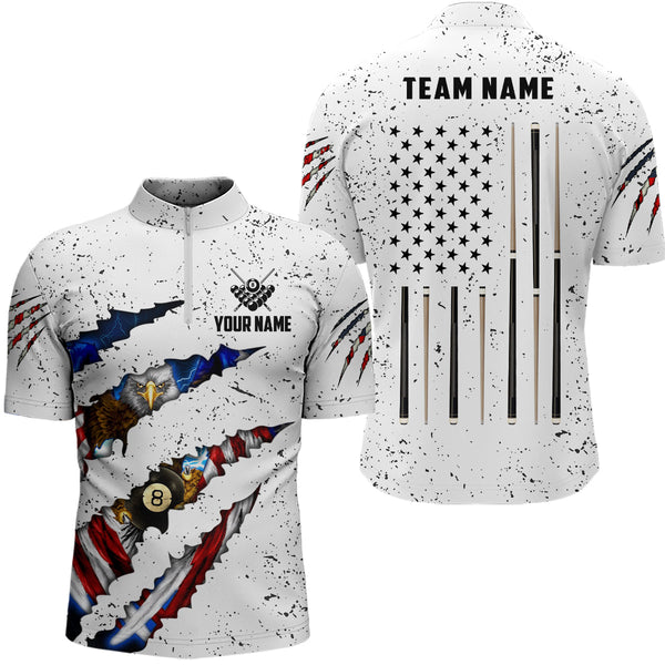 Maxcorners Billiard Eagle American Flag White Grunge  Customized Name, Team Name 3D Polo Shirt