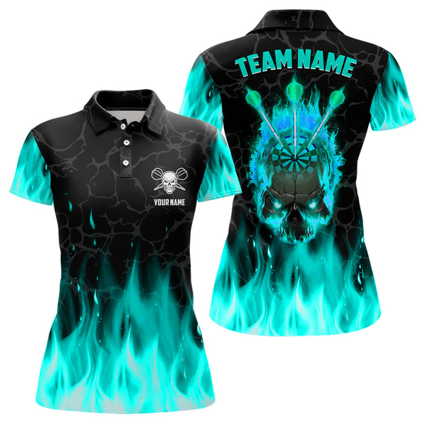 Maxcorners Fire Flame Skull Darts Polo & Quarter Zip Shirt Custom Scary Darts Team Jerseys | Turquoise