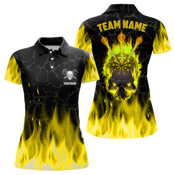 Maxcorners Yellow Fire Flame Skull Darts Jersey Customized Name, Team Name 3D Polo Shirt