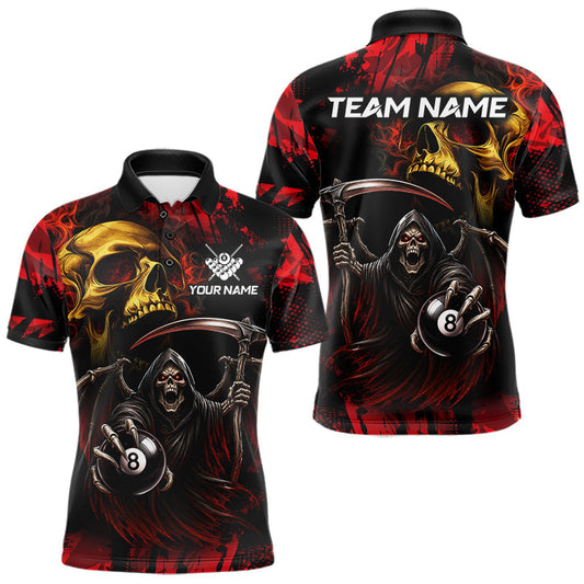 Maxcorners Red Grim Reaper Skull 8 Ball Billiard Pool Shirts For Men Custom Billiard League Team Jersey