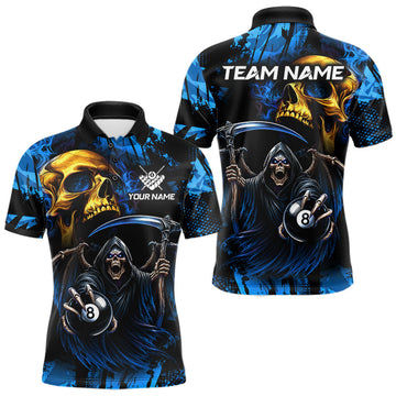 Maxcorners Blue Grim Reaper Skull 8 Ball Billiard Pool Shirts For Men Custom Billiard League Team Jersey