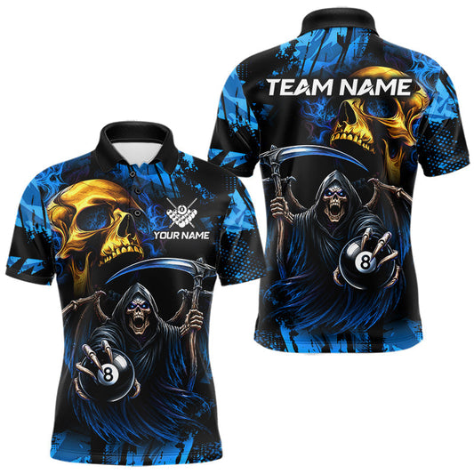 Maxcorners Blue Grim Reaper Skull 8 Ball Billiard Pool Shirts For Men Custom Billiard League Team Jersey
