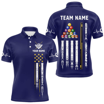 Maxcorners Customized Navy Blue American Flag Billiard Shirt For Men, 8 Ball Pool Team Jersey Polo & 1/4 Zip LM2806