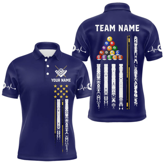 Maxcorners Customized Navy Blue American Flag Billiard Shirt For Men, 8 Ball Pool Team Jersey Polo & 1/4 Zip LM2806