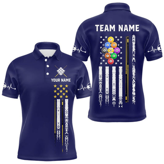 Maxcorners Customized Navy Blue American Flag Billiard Shirt For Men, 9 Ball Pool Team Jersey Polo & 1/4 Zip LM2806