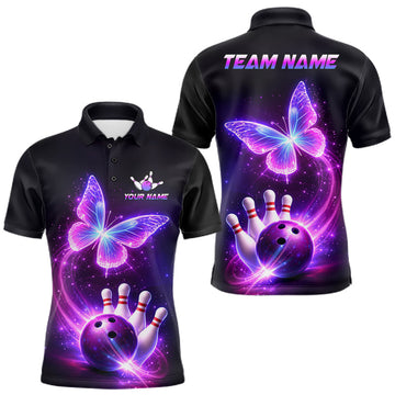 Maxcorners Personalized Purple Galaxy Butterfly Bowling Shirts For Men, Bowling Team Jersey Polo & 1/4 Zip