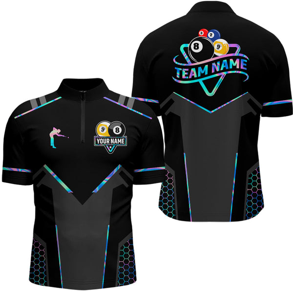 Maxcorners Personalized Holographic Billiard 8 Ball & 9 Ball Pool Polo, 1/4 Zip For Men, Billiard Team Jersey LM3006