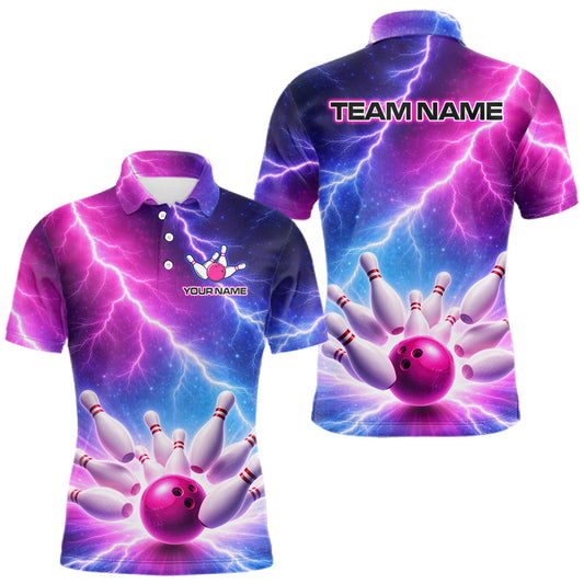 Maxcorners Custom Thunder Lightning Red & Purple Bowling Shirt For Men, Bowling Team Jersey Polo & 1/4 Zip