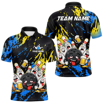 Maxcorners Custom Blue And Gold Drunk Bowling Balls And Pins Funny Bowling Shirt For Men, Beer Bowling Jersey