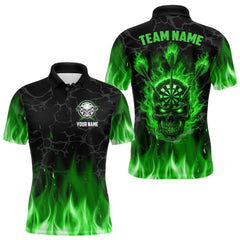 Maxcorners Fire Flame Skull Darts Polo & Quarter Zip Custom Darts Shirts For Men, Darts Team Jersey|Green