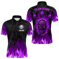 Maxcorners Fire Flame Skull Darts Polo & Quarter Zip Custom Darts Shirts For Men, Darts Team Jersey|Purple