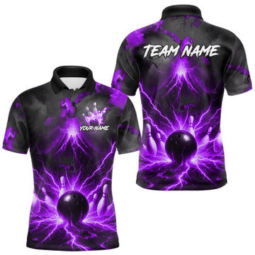 Maxcorners Personalized Purple Lightning Thunder Bowling League Shirts For Men Custom Bowling Team Jersey